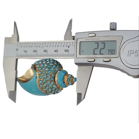 LC Liz Claiborne Teal, Robins Egg Enamel Seashell Blue Rhinestone Brooch, M732 - Picture 8 of 9